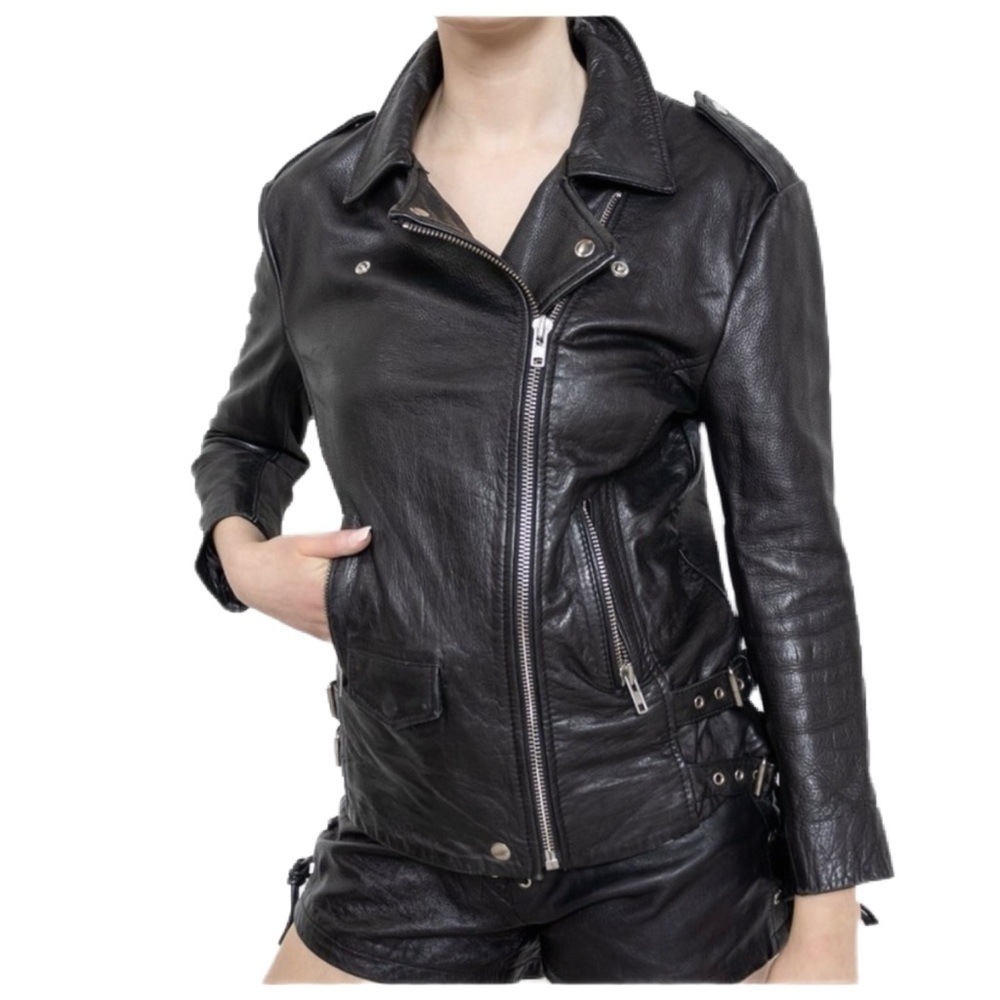 Oak Leather Cropped Moto Jacket in Black Silver Zipper Detailing Size XS
